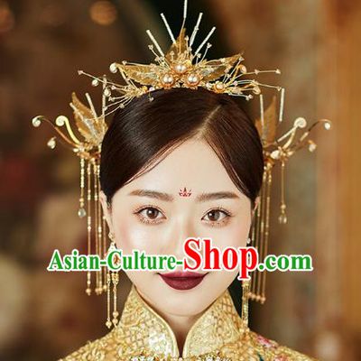 Chinese Traditional Hanfu Golden Leaf Hair Comb Tassel Hairpins Ancient Princess Hair Accessories for Women