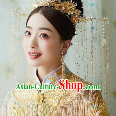 Chinese Traditional Ancient Bride Headdress Luxury Golden Tassel Phoenix Coronet Wedding Hair Accessories for Women