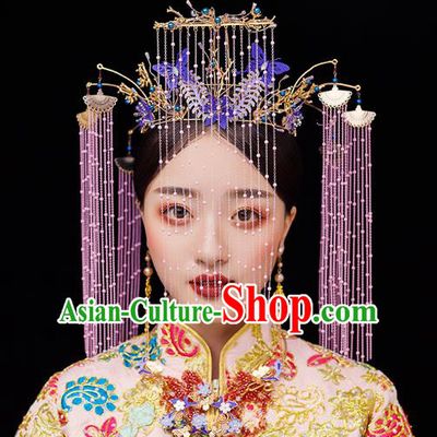 Chinese Traditional Ancient Bride Headdress Purple Tassel Phoenix Coronet Wedding Hair Accessories for Women