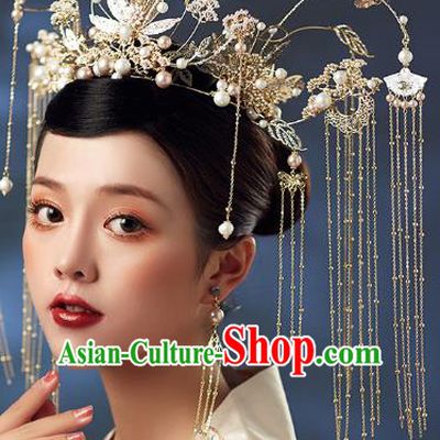 Chinese Traditional Ancient Golden Leaf Phoenix Coronet Hairpins Bride Headdress Wedding Hair Accessories for Women