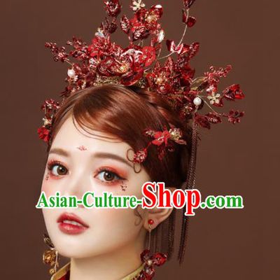 Chinese Ancient Red Flowers Phoenix Coronet Hairpins Bride Headdress Traditional Wedding Hair Accessories for Women