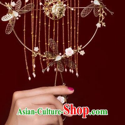 Chinese Traditional Golden Dragonfly Palace Fans Handmade Classical Hanfu Wedding Fan for Women