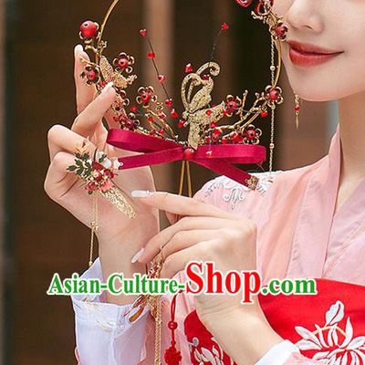 Chinese Traditional Red Ribbon Bowknot Palace Fans Handmade Classical Hanfu Wedding Fan for Women