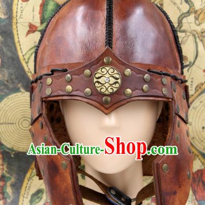 Chinese Traditional Yuan Dynasty General Brown Leather Helmet Ancient Soldier Hat Headwear for Men