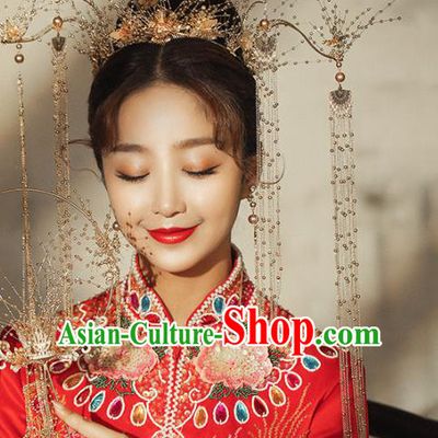 Chinese Wedding Golden Beads Phoenix Coronet Headdress Traditional Ancient Bride Hair Accessories for Women