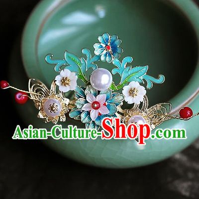 Chinese Ancient Hanfu Blue Flowers Hair Comb Traditional Bride Hair Accessories for Women