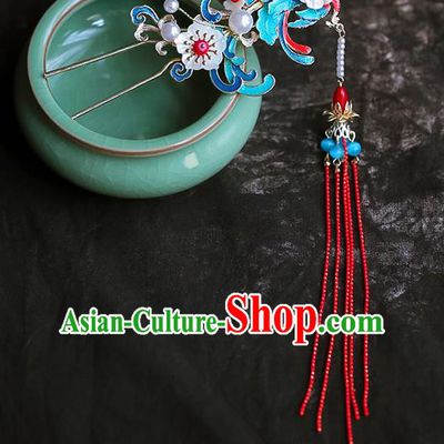 Chinese Ancient Hanfu Red Tassel Hairpin Traditional Bride Hair Accessories for Women