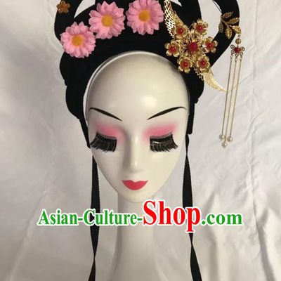 Traditional Chinese Opera Wig Sheath and Pink Flower Hairpins Headdress Peking Opera Diva Hair Accessories for Women