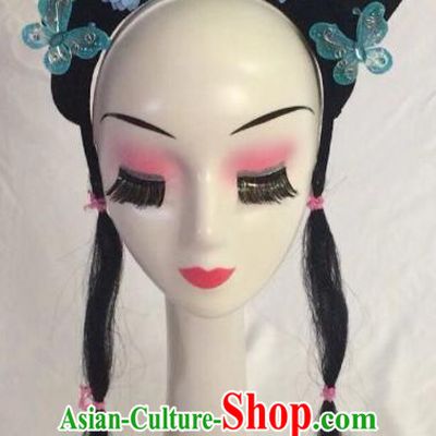 Traditional Chinese Opera Wig Sheath and Blue Flower Hairpins Headdress Peking Opera Diva Hair Accessories for Women