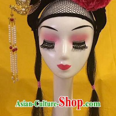 Traditional Chinese Opera Goddess Wig Sheath and Red Peony Hairpins Headdress Peking Opera Diva Hair Accessories for Women