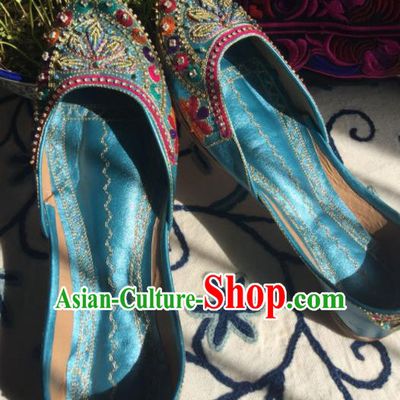 Asian India Traditional Bride Embroidered Blue Leather Shoes Indian Handmade Shoes for Women