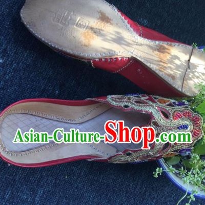 Asian India Traditional Embroidered Red Leather Shoes Indian Handmade Shoes for Women