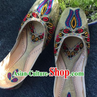 Asian India Traditional Embroidered Light Golden Leather Shoes Indian Handmade Shoes for Women