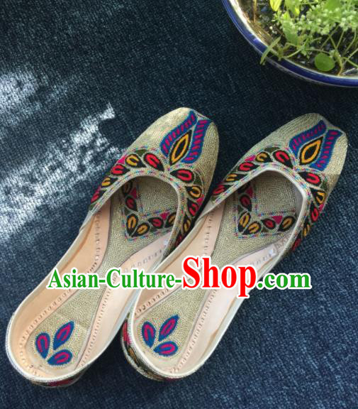 Asian India Traditional Embroidered Light Golden Leather Shoes Indian Handmade Shoes for Women Asian India Traditional Embroidered Light Golden Leather Shoes Indian Handmade Shoes for Women
