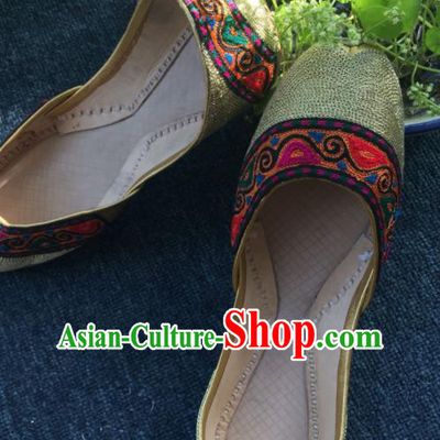 Asian India Traditional Embroidered Golden Leather Shoes Indian Handmade Shoes for Women