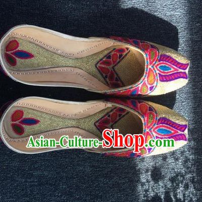 Asian India Traditional Embroidered Golden Leather Shoes Indian Handmade Shoes for Women