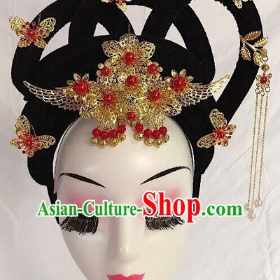 Traditional Chinese Opera Lady Wig Sheath and Golden Hairpins Headdress Peking Opera Diva Hair Accessories for Women