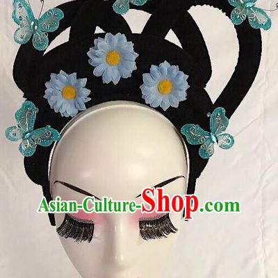 Traditional Chinese Opera Lady Wig Sheath and Blue Flower Hairpins Headdress Peking Opera Diva Hair Accessories for Women