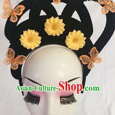 Traditional Chinese Opera Lady Wig Sheath and Orange Butterfly Hairpins Headdress Peking Opera Diva Hair Accessories for Women