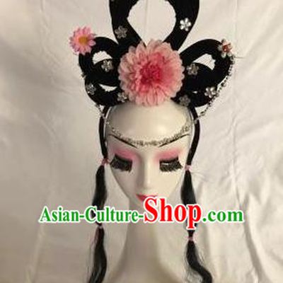 Traditional Chinese Opera Goddess Wig Sheath and Pink Peony Hairpins Headdress Peking Opera Diva Hair Accessories for Women