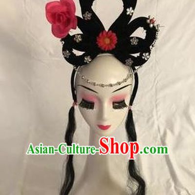 Traditional Chinese Opera Goddess Wig Sheath and Rosy Rose Hairpins Headdress Peking Opera Diva Hair Accessories for Women