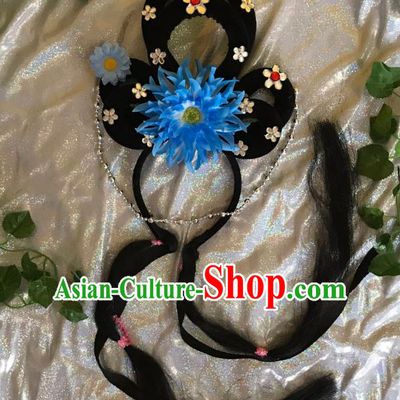 Traditional Chinese Opera Goddess Wig Sheath and Blue Peony Hairpins Headdress Peking Opera Diva Hair Accessories for Women