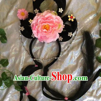 Traditional Chinese Opera Goddess Wig and Pink Peony Hairpins Headdress Peking Opera Diva Hair Accessories for Women