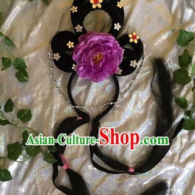 Traditional Chinese Opera Goddess Wig and Purple Peony Hairpins Headdress Peking Opera Diva Hair Accessories for Women