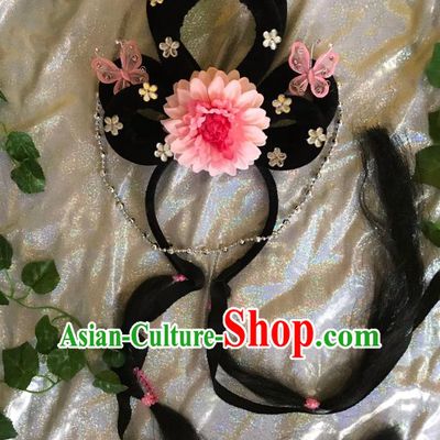 Traditional Chinese Opera Goddess Wig and Light Pink Peony Hairpins Headdress Peking Opera Diva Hair Accessories for Women