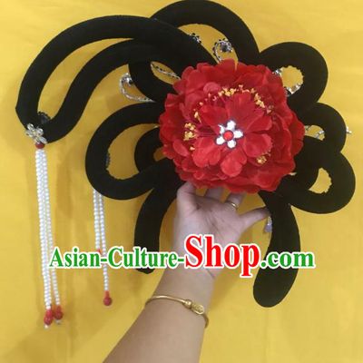 Traditional Chinese Opera Wig Chignon Red Peony Hairpins Headdress Peking Opera Diva Hair Accessories for Women