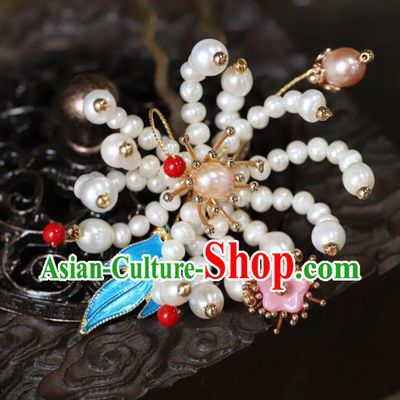 Traditional Chinese Handmade Pearls Chrysanthemum Hairpin Headdress Ancient Hanfu Hair Accessories for Women