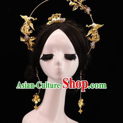 Traditional Chinese Tang Dynasty Golden Crane Pine Hair Crown Headdress Ancient Queen Hair Accessories for Women