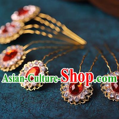 Traditional Chinese Handmade Red Crystal Hairpins Headdress Ancient Hanfu Hair Accessories for Women