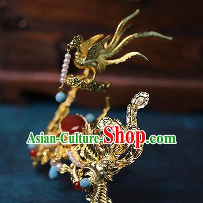 Traditional Chinese Qing Dynasty Golden Phoenix Hairpins Hair Crown Headdress Ancient Queen Hair Accessories for Women