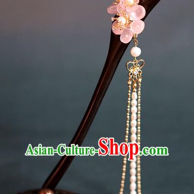 Traditional Chinese Handmade Ebony Pink Sakura Hairpins Headdress Ancient Hanfu Hair Accessories for Women