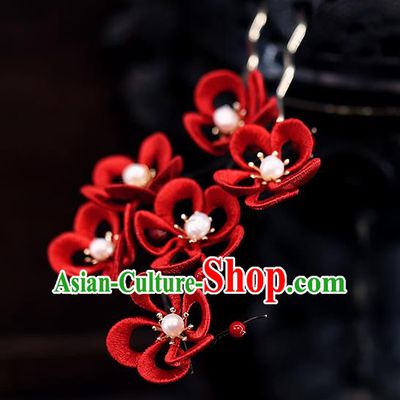 Traditional Chinese Handmade Red Plum Blossom Hairpins Headdress Ancient Hanfu Hair Accessories for Women