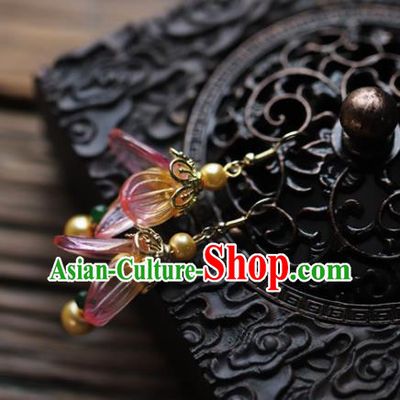 Traditional Chinese Handmade Pink Flower Earrings Ancient Hanfu Ear Accessories for Women