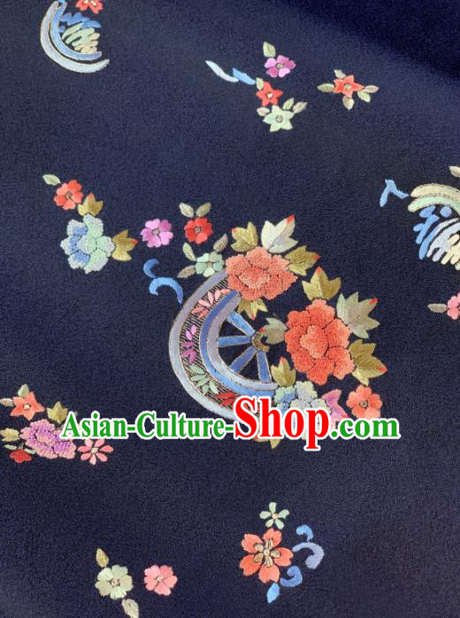 Chinese Classical Embroidered Fan Flowers Pattern Design Navy Silk Fabric Asian Traditional Hanfu Material Chinese Classical Embroidered Fan Flowers Pattern Design Navy Silk Fabric Asian Traditional Hanfu Material