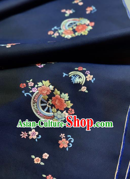 Chinese Classical Embroidered Fan Flowers Pattern Design Navy Silk Fabric Asian Traditional Hanfu Material Chinese Classical Embroidered Fan Flowers Pattern Design Navy Silk Fabric Asian Traditional Hanfu Material