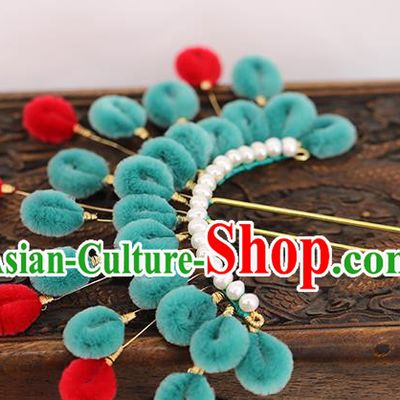 Traditional Chinese Handmade Green Velvet Hairpins Headdress Ancient Hanfu Hair Accessories for Women