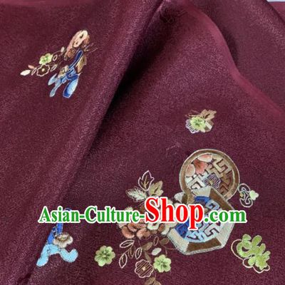 Chinese Classical Embroidered Lucky Flowers Pattern Design Wine Red Silk Fabric Asian Traditional Hanfu Material