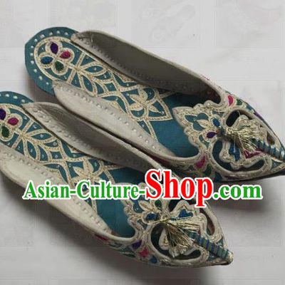 Asian India Traditional Embroidered Blue Slippers Indian Handmade Shoes for Women