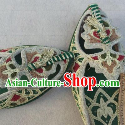 Asian India Traditional Embroidered Green Slippers Indian Handmade Shoes for Women