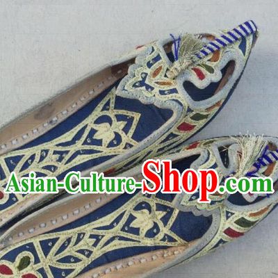Asian India Traditional Embroidered Navy Slippers Indian Handmade Shoes for Women