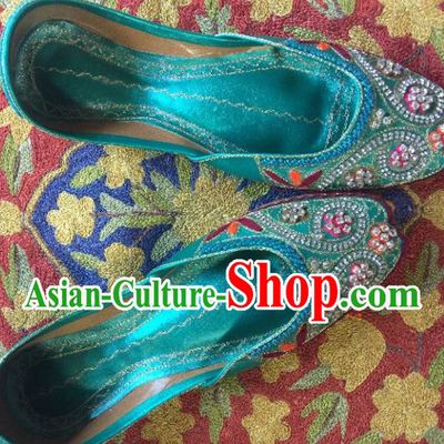 Asian India Traditional Embroidered Green Crystal Shoes Indian Handmade Shoes for Women