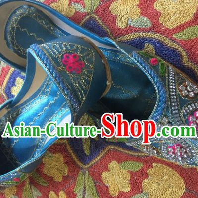Asian India Traditional Embroidered Blue Crystal Shoes Indian Handmade Shoes for Women