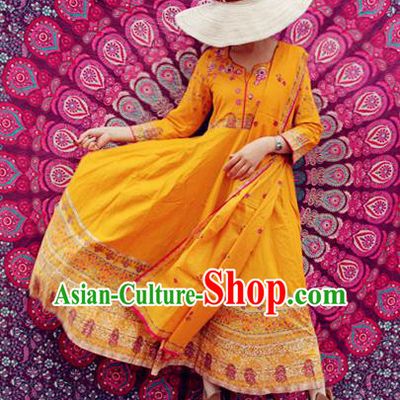 Asian India Traditional Folk Dance Yellow Dress Indian Embroidered Costumes for Women