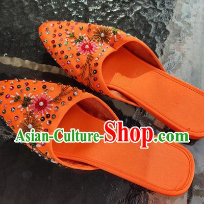 Asian India Traditional Orange Leather Slippers Indian Handmade Shoes for Women