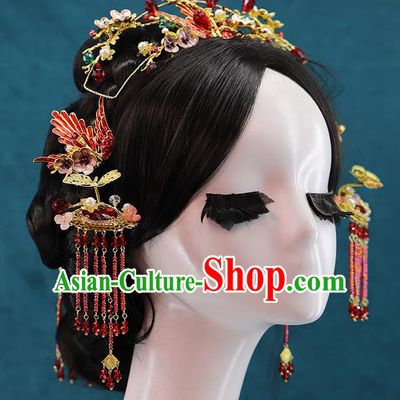Traditional Chinese Wedding Cloisonne Red Phoenix Hair Crown Tassel Hairpins Headdress Ancient Bride Hair Accessories for Women