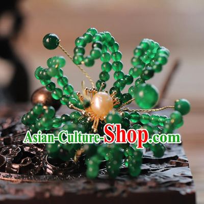 Traditional Chinese Handmade Green Beads Chrysanthemum Hairpins Headdress Ancient Hanfu Hair Accessories for Women